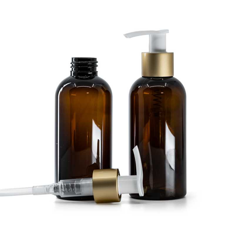 Plastová fľaša, hnedá, bielo-zlatý matný dávkovač, 150 ml