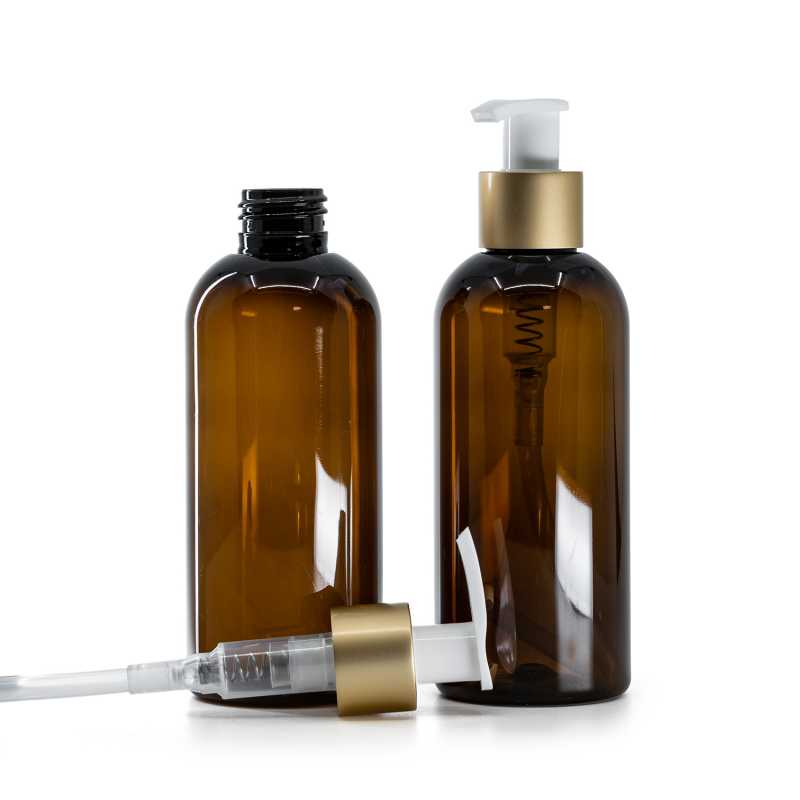 Plastová fľaša, hnedá, bielo-zlatý matný dávkovač, 200 ml
