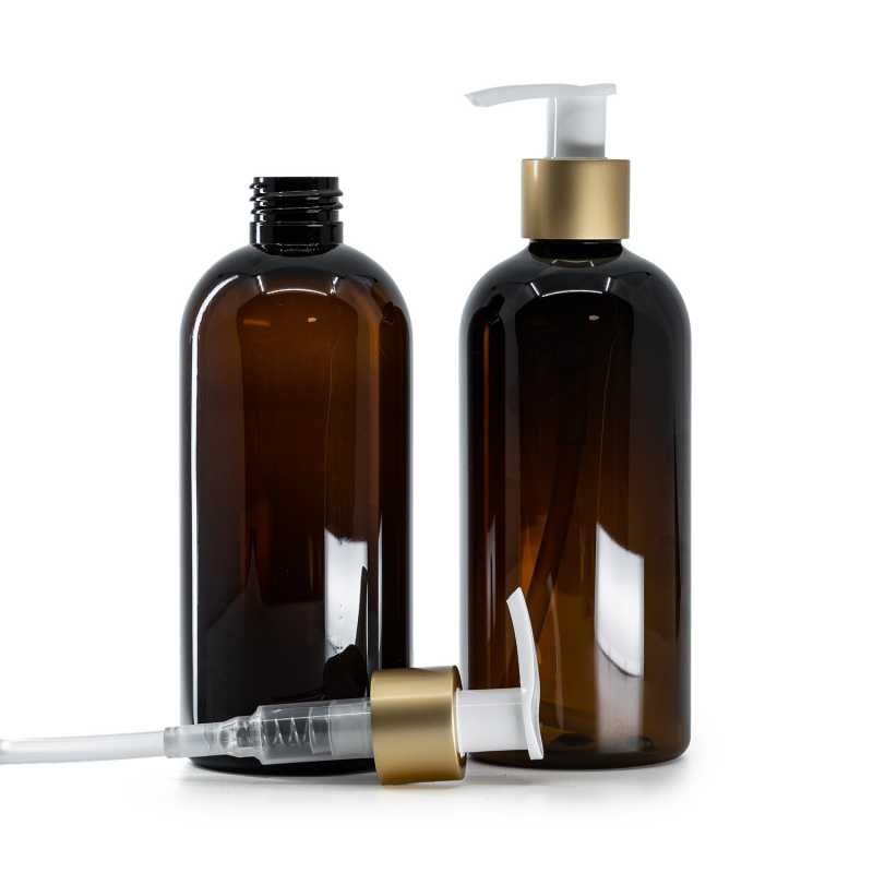 Plastová fľaša, hnedá, bielo-zlatý matný dávkovač, 300 ml
