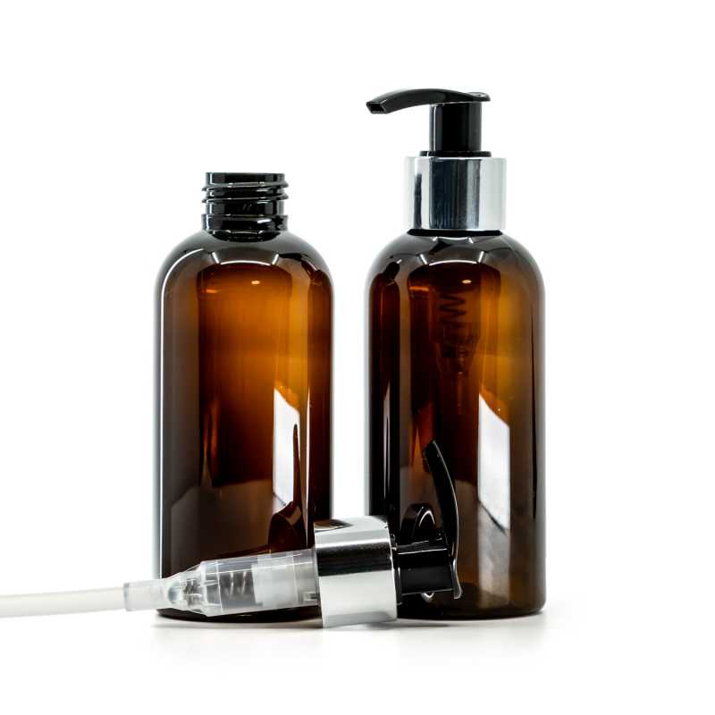 Plastová fľaša, hnedá, čierno-strieborný dávkovač, 150 ml