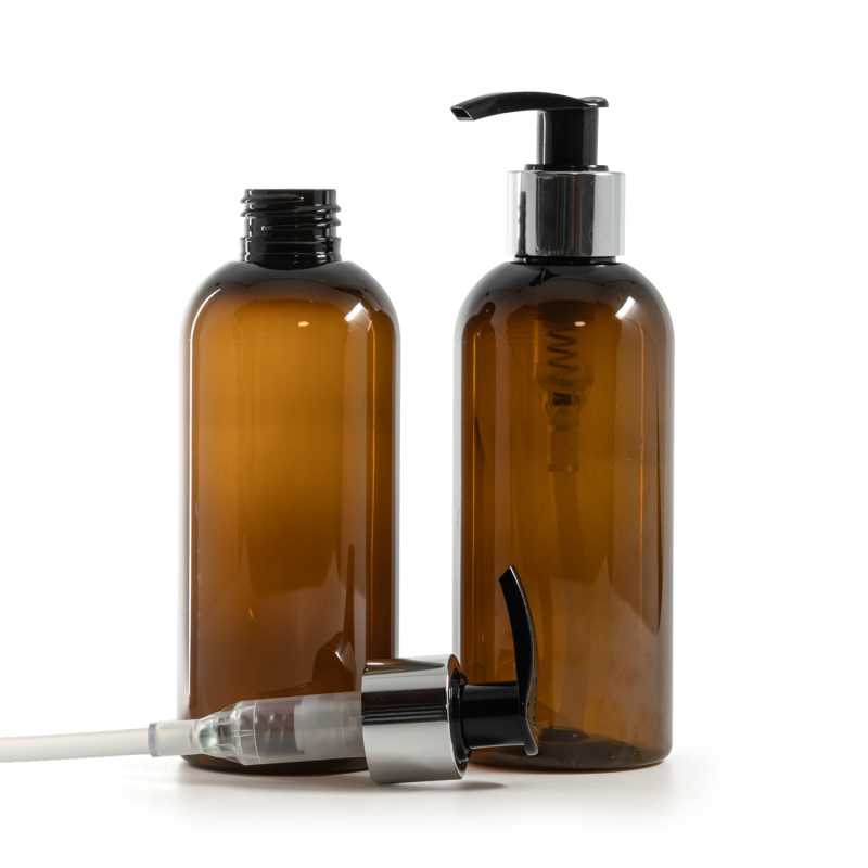 Plastová fľaša, hnedá, čierno-strieborný dávkovač, 200 ml