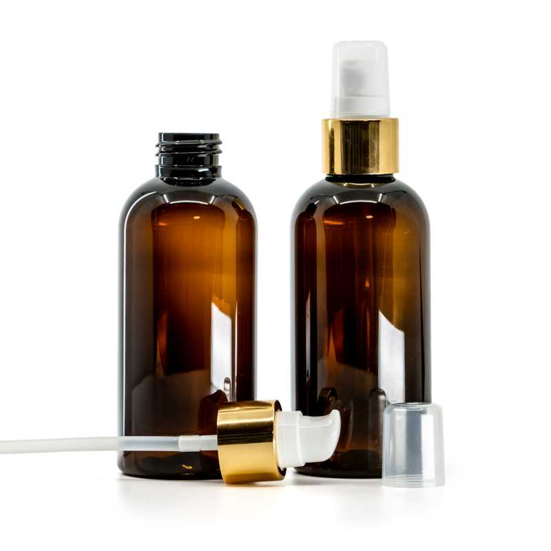 Plastová fľaša, hnedá, dávkovač s krytkou, bielo-zlatý, 150 ml