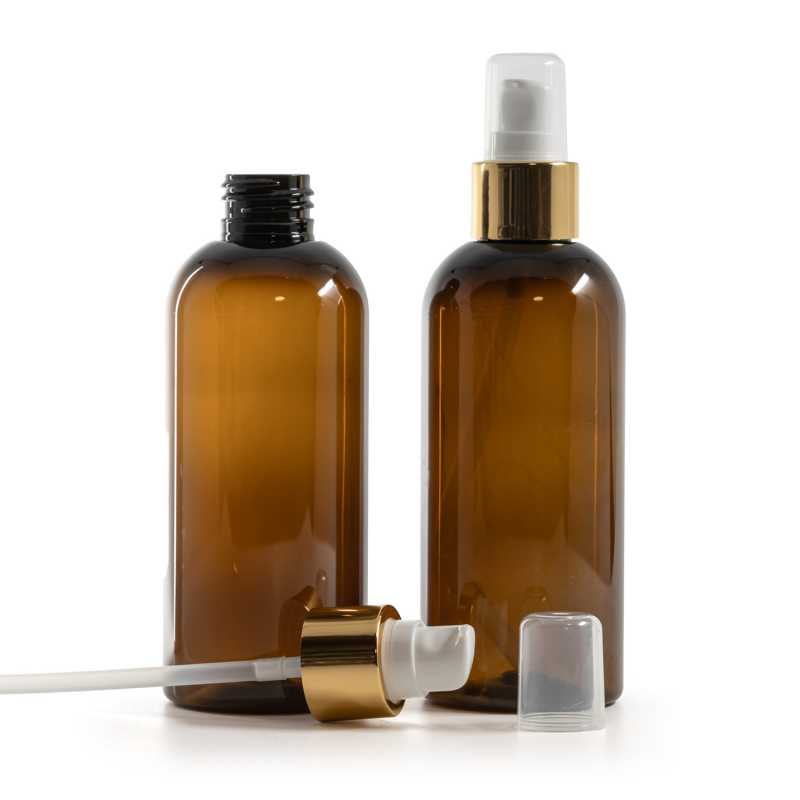 Plastová fľaša, hnedá, dávkovač s krytkou, bielo-zlatý, 200 ml