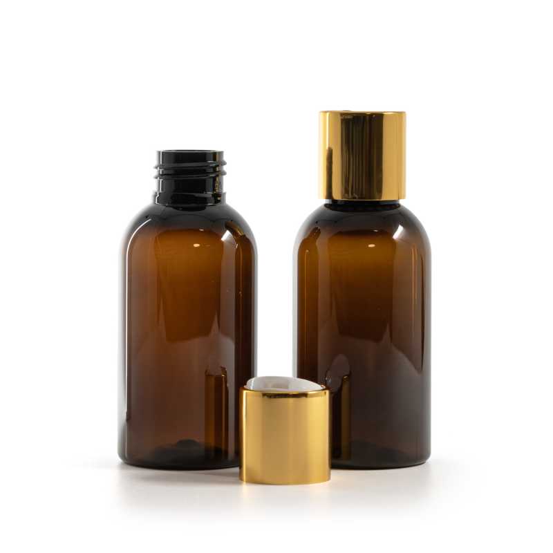 Plastová fľaša, hnedá, disc top vrchnák, zlatý, biely stred, 100 ml