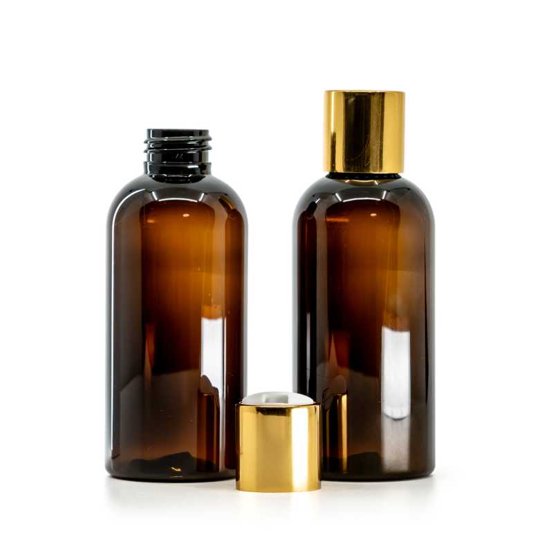 Plastová fľaša, hnedá, disc top vrchnák, zlatý, biely stred, 150 ml