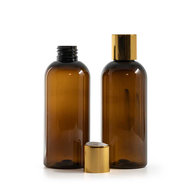 Plastová fľaša, hnedá, disc top vrchnák, zlatý, biely stred, 200 ml