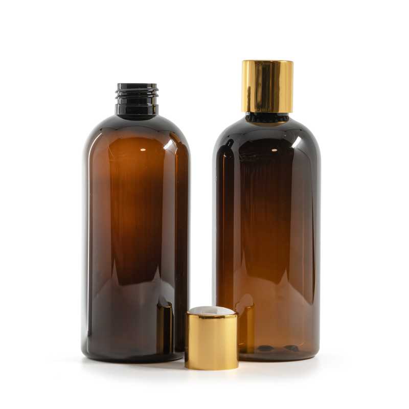 Plastová fľaša, hnedá, disc top vrchnák, zlatý, biely stred, 300 ml