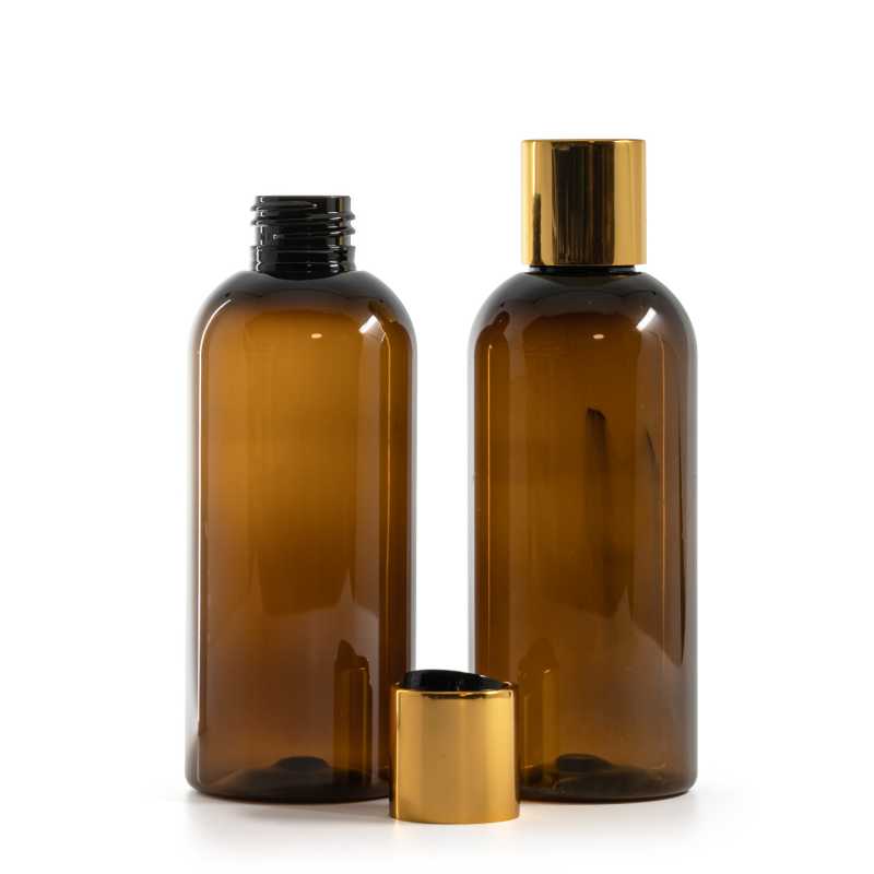 Plastová fľaša, hnedá, disc top vrchnák, zlatý, čierny stred, 200 ml