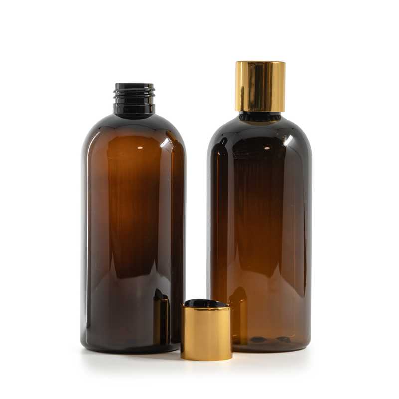 Plastová fľaša, hnedá, disc top vrchnák, zlatý, čierny stred, 300 ml