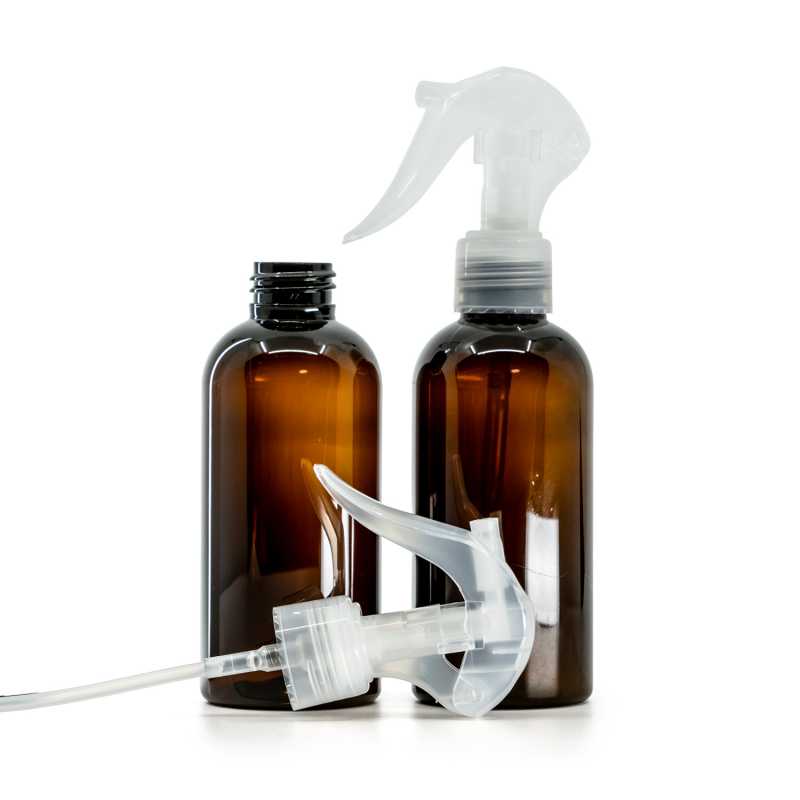 Plastová fľaša, hnedá, priehľadný pákový rozprašovač, 150 ml