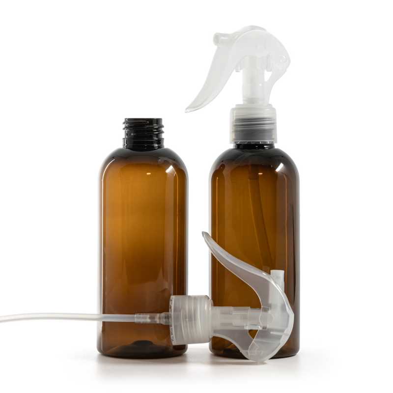 Plastová fľaša, hnedá, priehľadný pákový rozprašovač, 200 ml