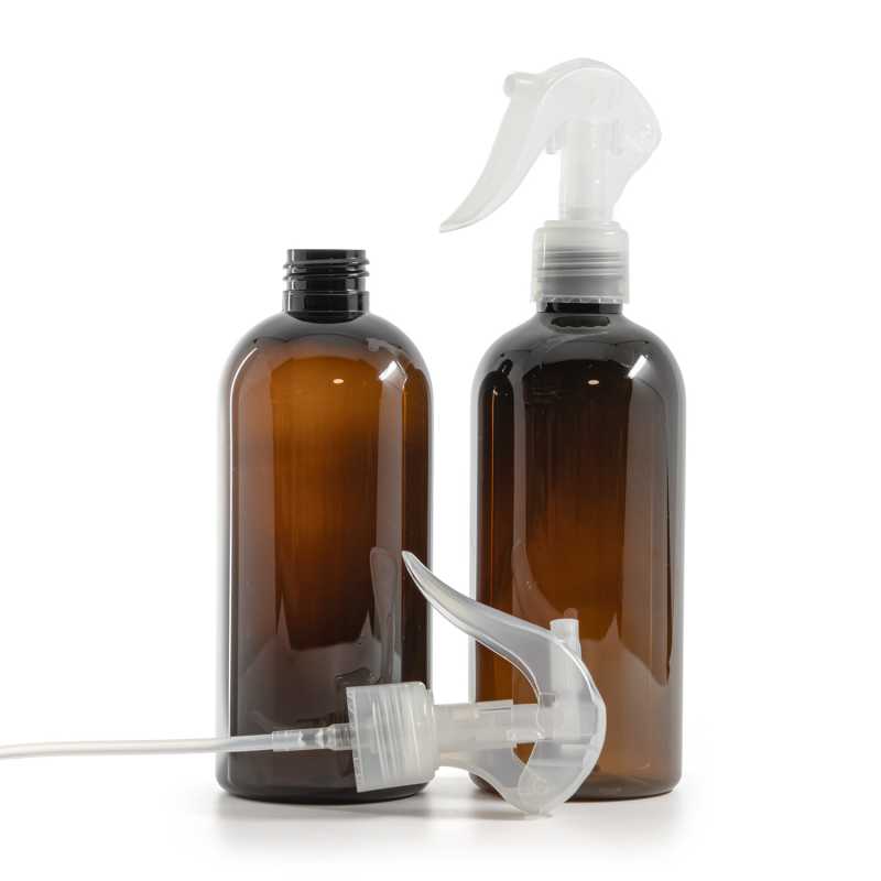Plastová fľaša, hnedá, priehľadný pákový rozprašovač, 300 ml
