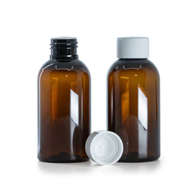 Plastová fľaša, hnedá, vrchnák hladký biely s redukciou, 100 ml