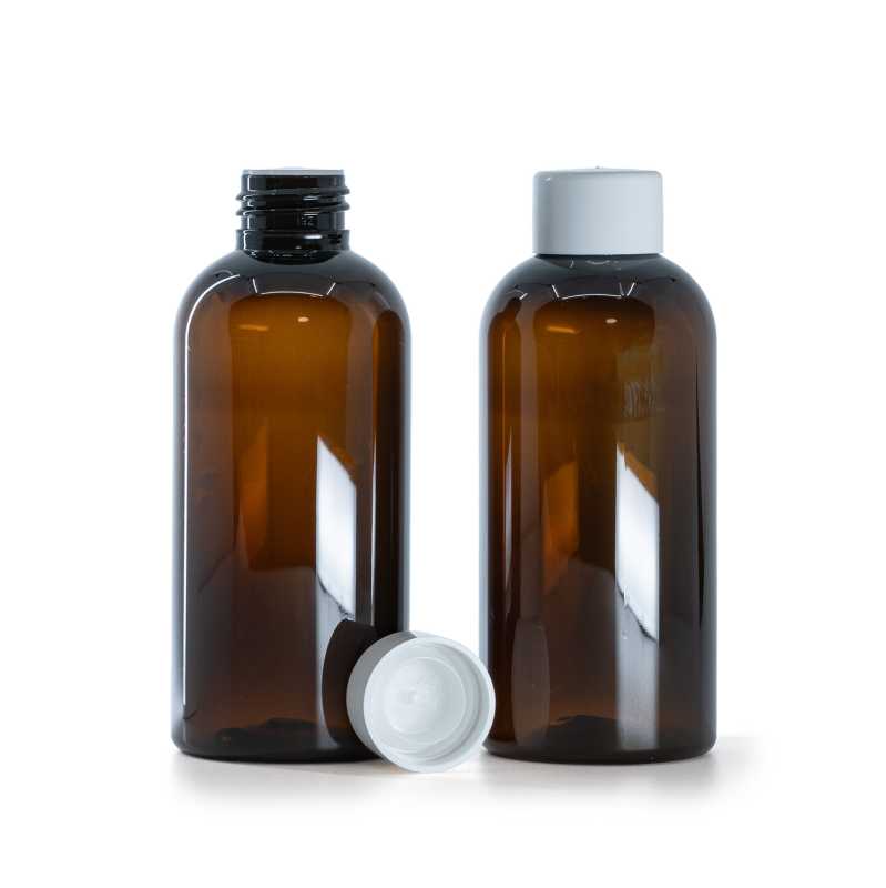 Plastová fľaša, hnedá, vrchnák hladký biely s redukciou, 150 ml