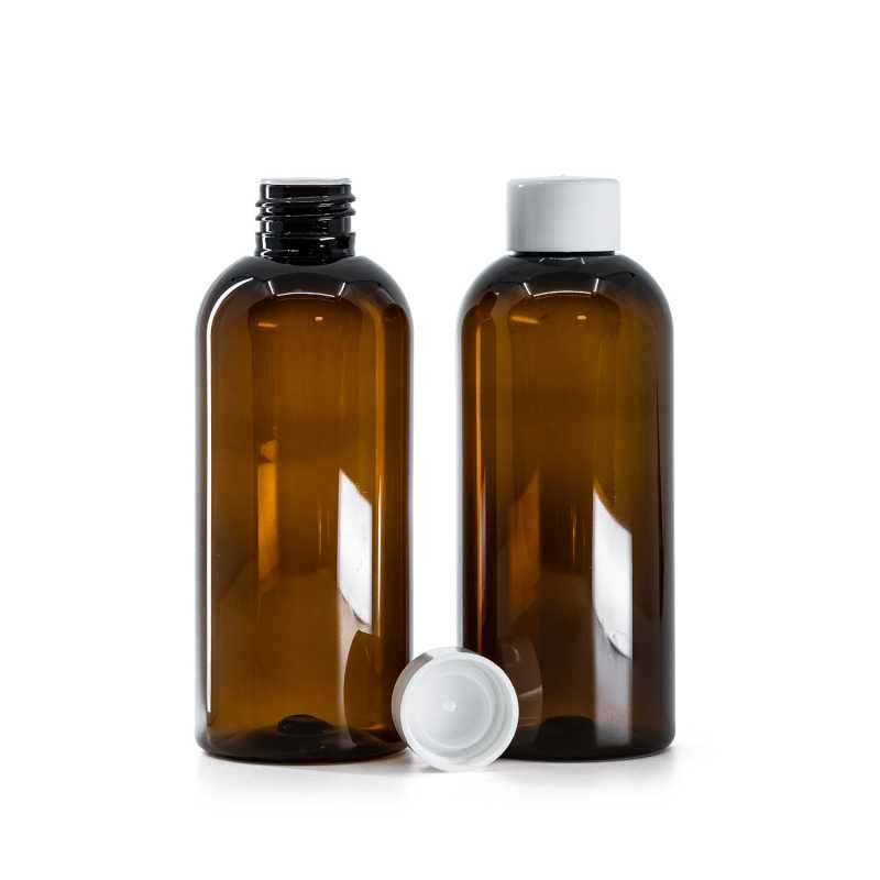 Plastová fľaša, hnedá, vrchnák hladký biely s redukciou, 200 ml