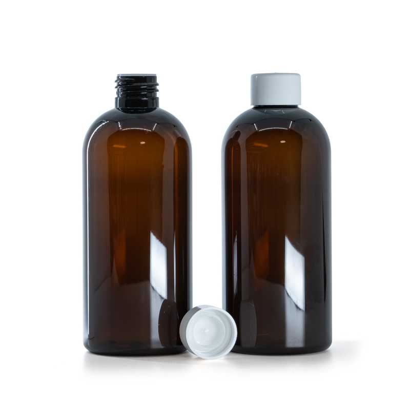 Plastová fľaša, hnedá, vrchnák hladký biely s redukciou, 300 ml