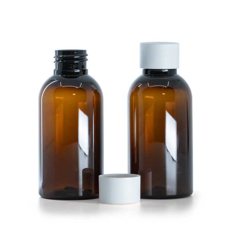 Plastová fľaša, hnedá, vrchnák matný biely, 100 ml