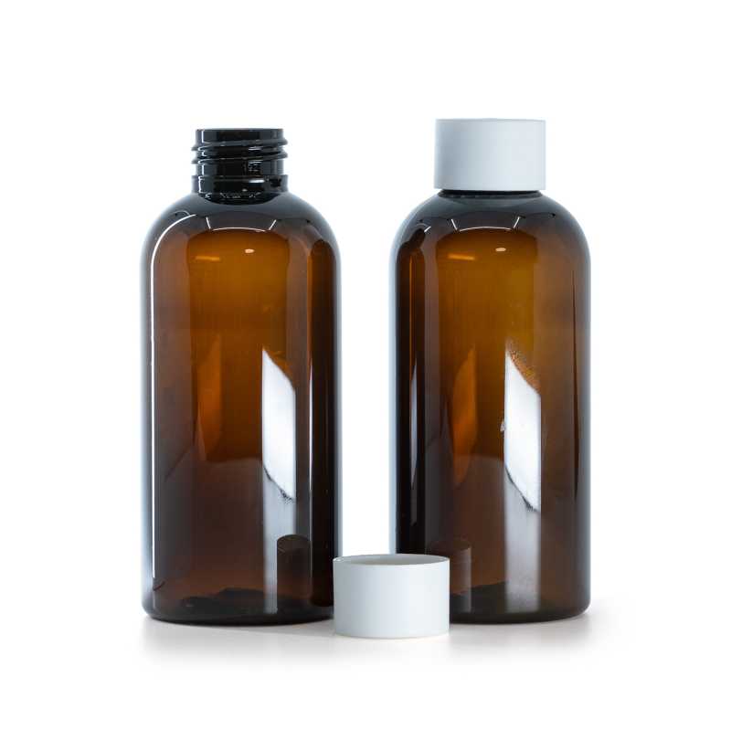 Plastová fľaša, hnedá, vrchnák matný biely, 150 ml