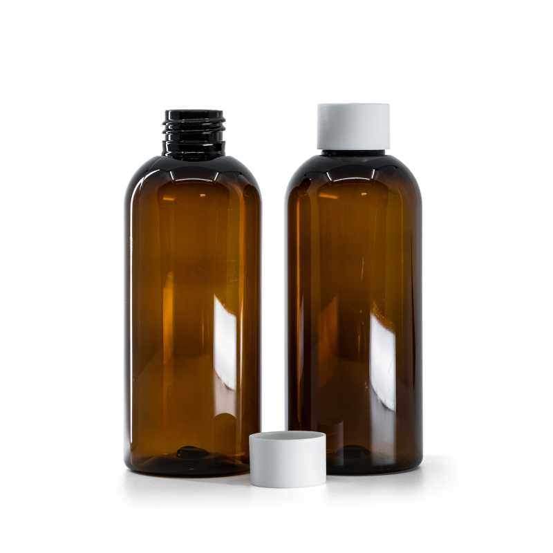 Plastová fľaša, hnedá, vrchnák matný biely, 200 ml