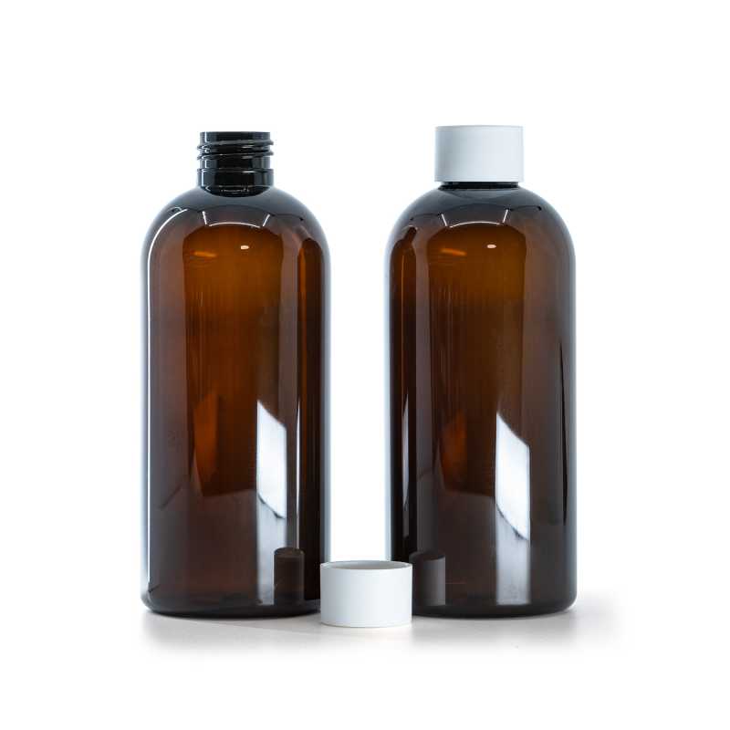 Plastová fľaša, hnedá, vrchnák matný biely, 300 ml