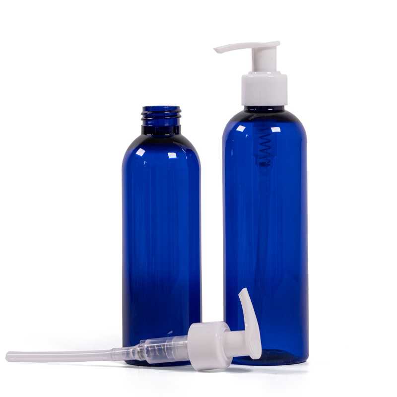 Plastová fľaša, modrá, biela pumpička, 200 ml