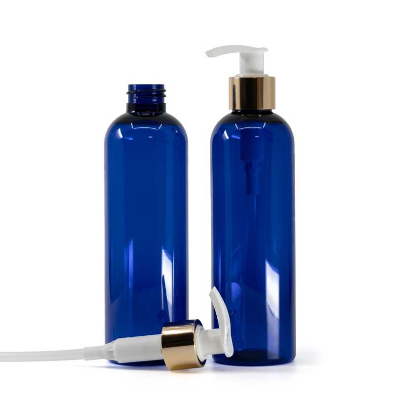 Plastová fľaša, modrá, bielo-zlatý dávkovač, 250 ml