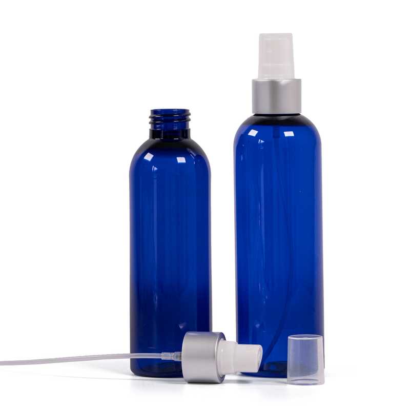 Plastová fľaša modrá, biely rozprašovač, strieborná matná obruč, 200 ml