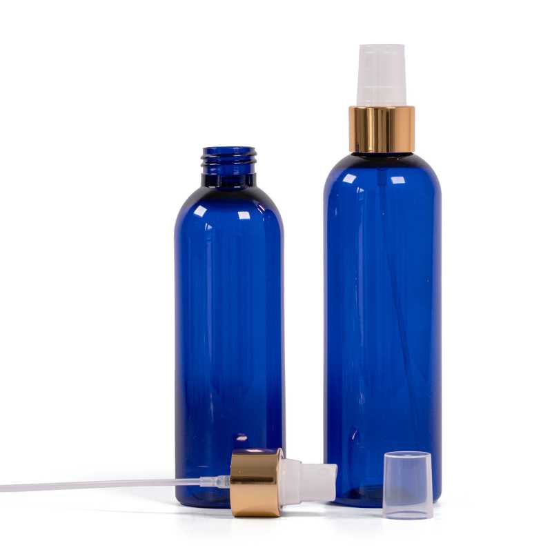 Plastová fľaša modrá, biely rozprašovač, zlatá lesklá obruč, 200 ml