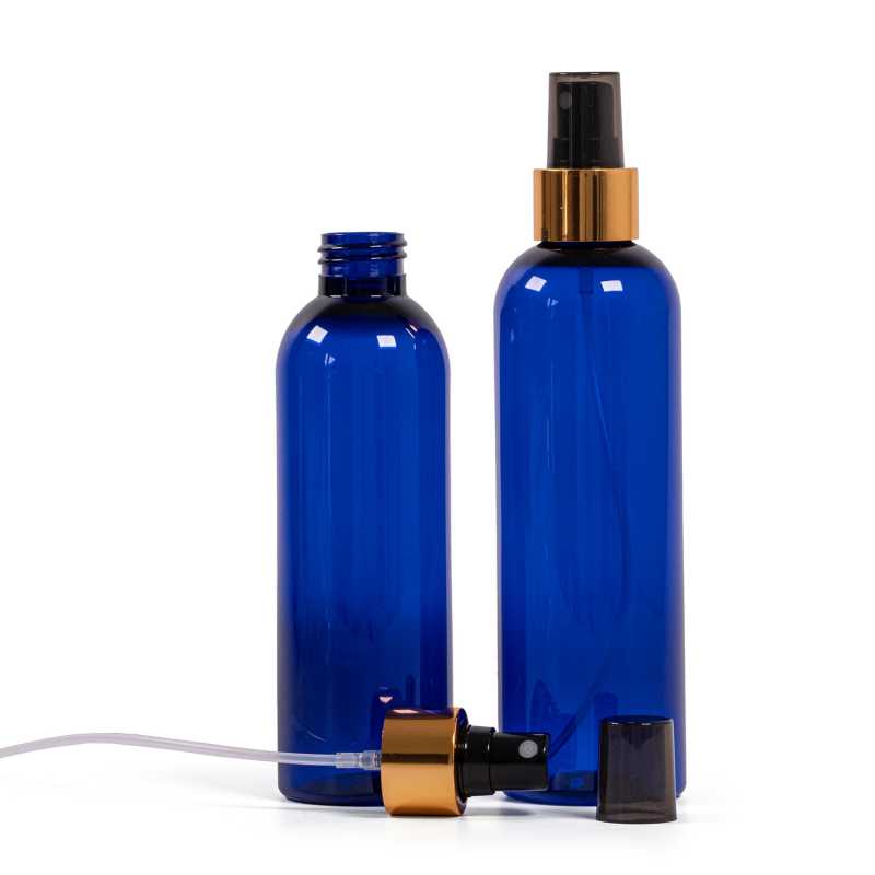 Plastová fľaša modrá, čierny rozprašovač, zlatá lesklá obruč, 200 ml