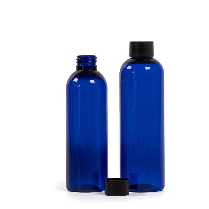Plastová fľaša modrá, čierny vrchnák, 250 ml