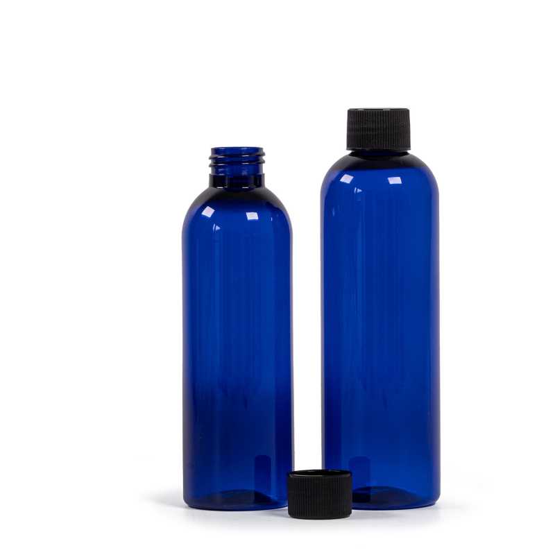 Plastová fľaša modrá, čierny vrúbkovaný vrchnák, 250 ml