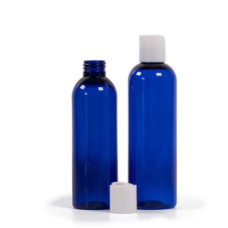 Plastová fľaša, modrá, disc top biely, 200 ml