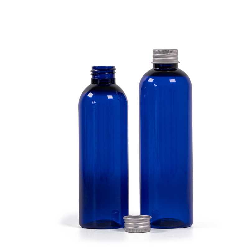 Plastová fľaša, modrá, hliníkový vrchnák, 200 ml