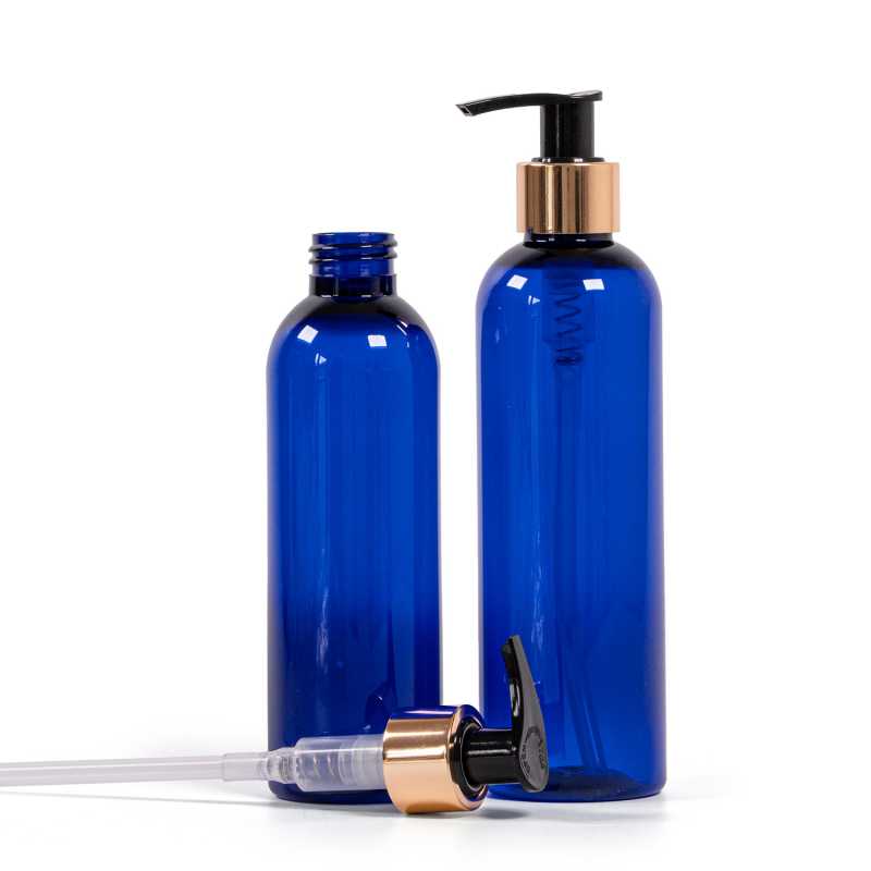 Plastová fľaša, modrá, plastový dávkovač zlatý, 200 ml
