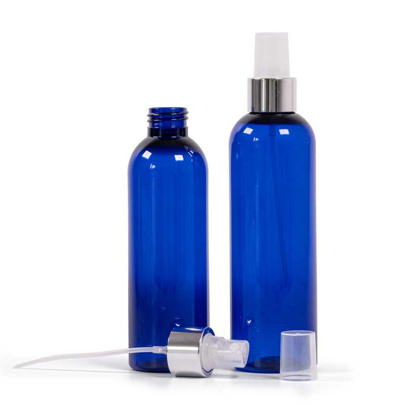 Plastová fľaša modrá, priehľadný rozprašovač, strieborná lesklá obruč, 200 ml 