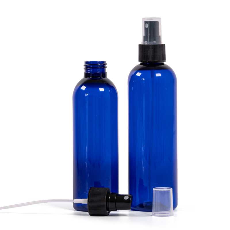 Plastová fľaša, modrá, rozprašovač čierny, 200 ml