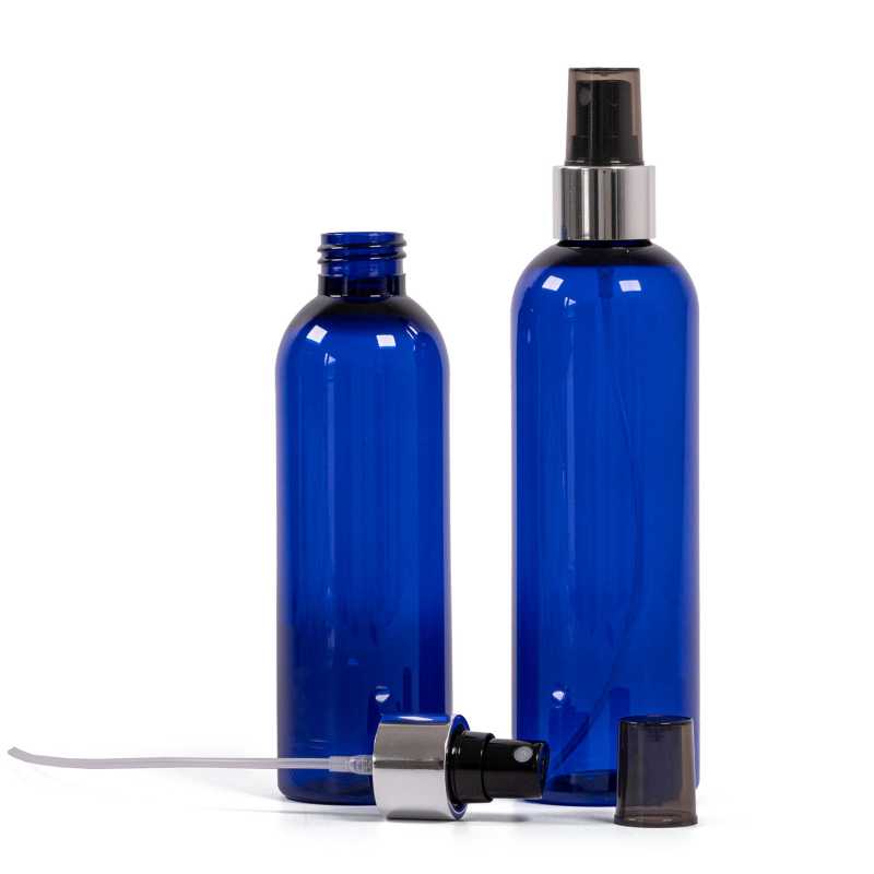 Plastová fľaša modrá, rozprašovač čierny, strieborná lesklá obruč, 250 ml