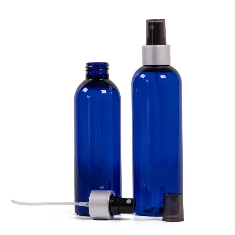 Plastová fľaša modrá, rozprašovač čierny, strieborná matná obruč, 200 ml