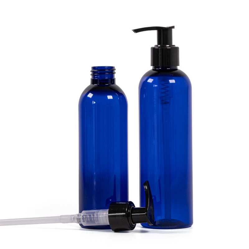 Plastová fľaša modrá s čiernym dávkovačom, 250 ml