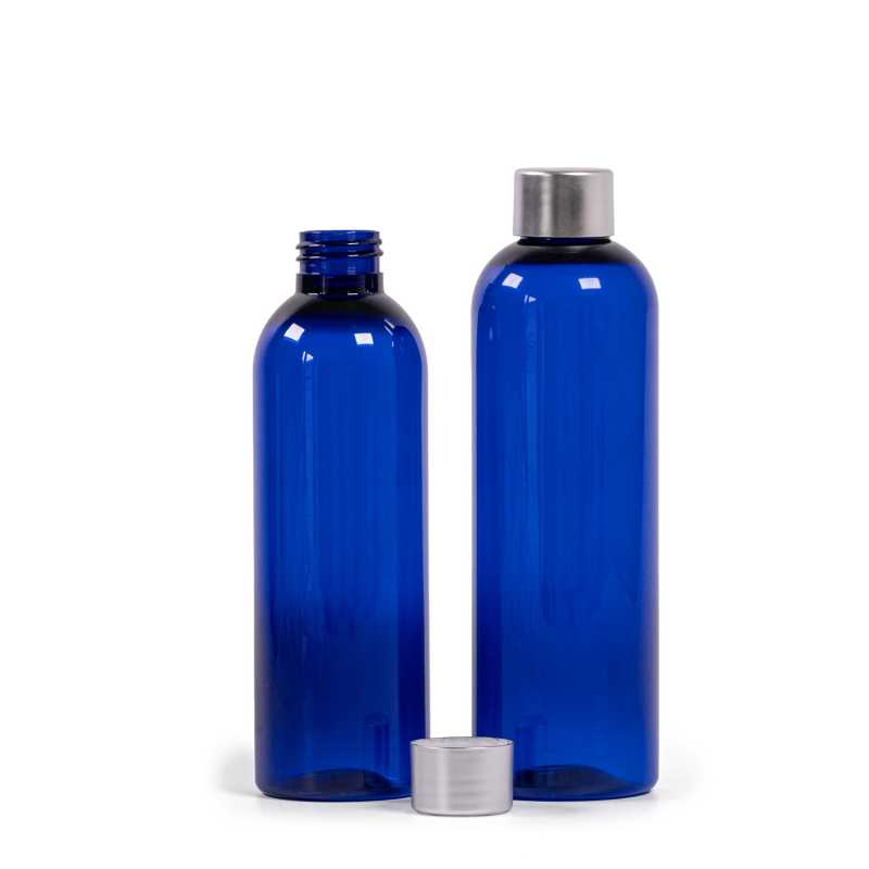Plastová fľaša modrá, strieborný vrchnák, 250 ml