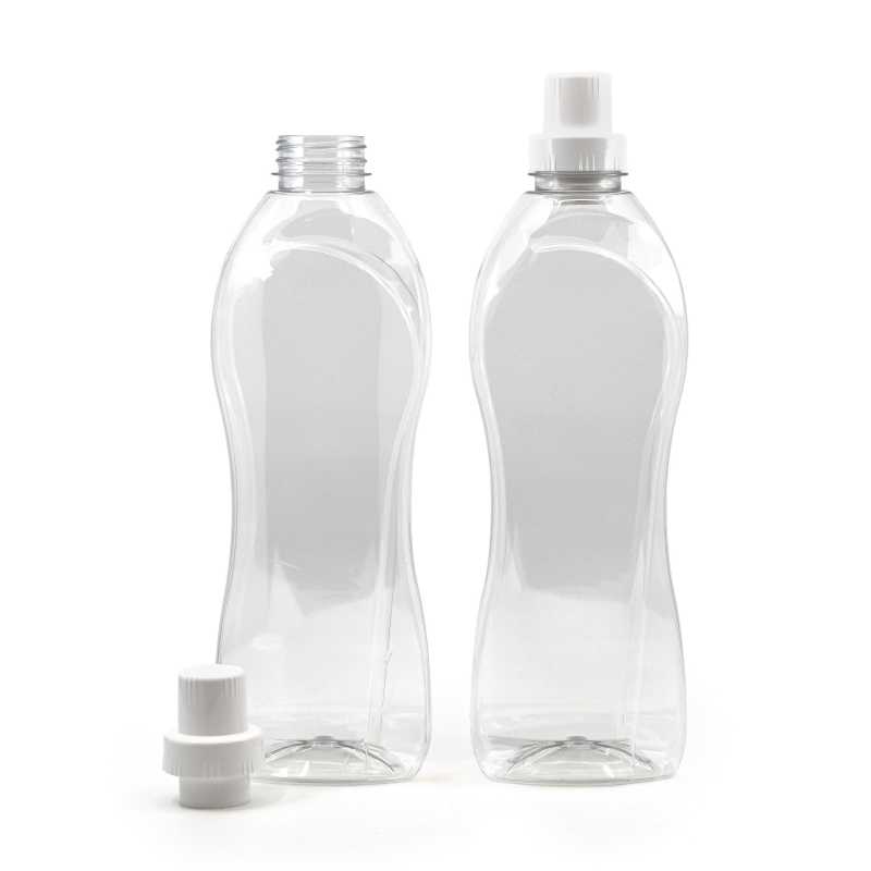 Priehľadná plastová fľaša s objemom 1 liter na uschovávanie rôznych tekutín, najmä čistiacich prostriedkov a aviváže, so špeciálne upraveným tvar