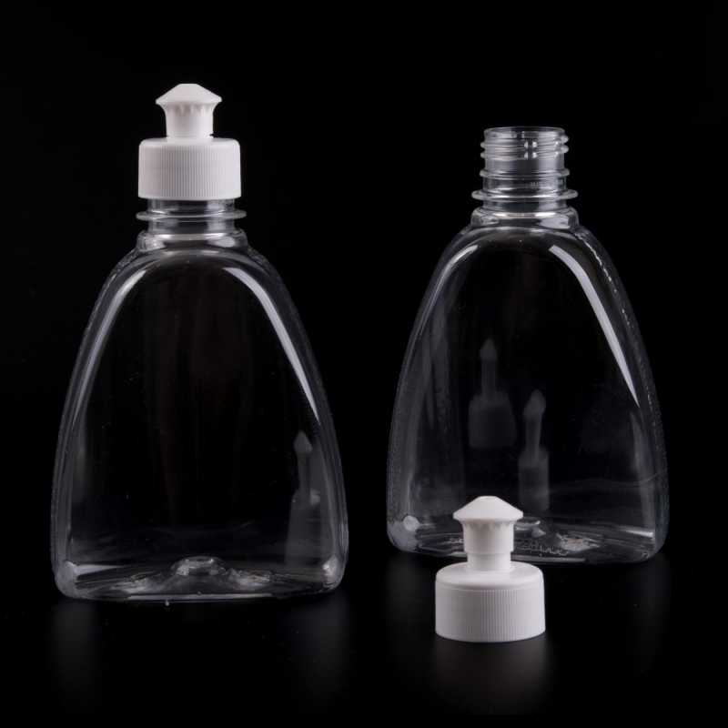 Plastová fľaša na mydlo, priehľadná, 300 ml Plochá priehľadná plastová fľaša, ideálna na uskladnenie rôznych tek