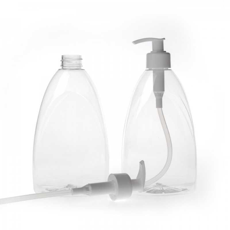 Plochá priehľadná plastová fľaša, ideálna na uskladnenie rôznych tekutín a gélov, čistiacich prostriedkov, tekutých mydiel, antibakteriálnych gélo