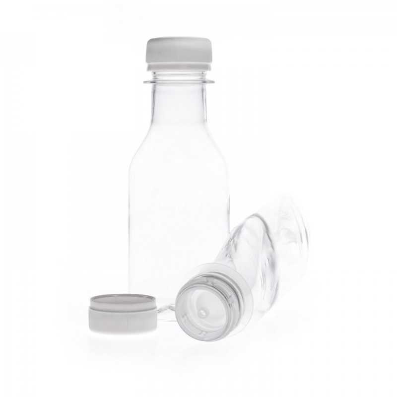 Plochá priehľadná plastová fľaša, ideálna na uskladnenie rôznych tekutín, olejov, pleťových krémov a podobne. Je mäkšia, takže sa dá aj stlači