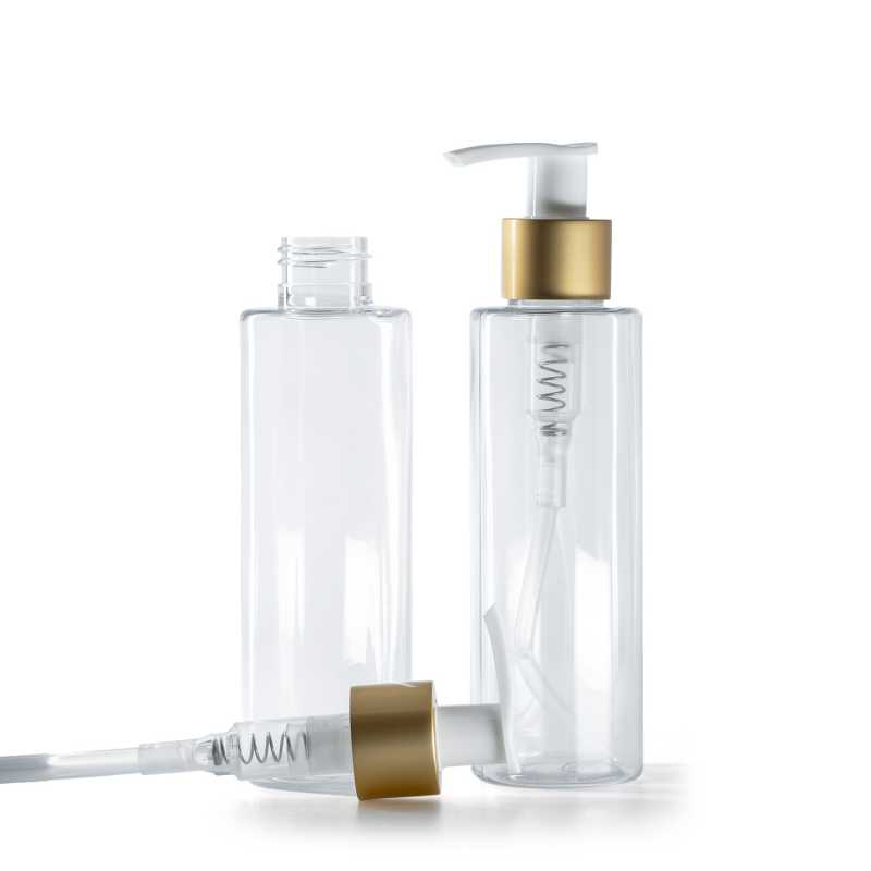 Plastová fľaša priehľadná, bielo-zlatý matný dávkovač, 150 ml