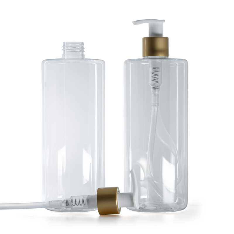 Plastová fľaša priehľadná, bielo-zlatý matný dávkovač, 500 ml
