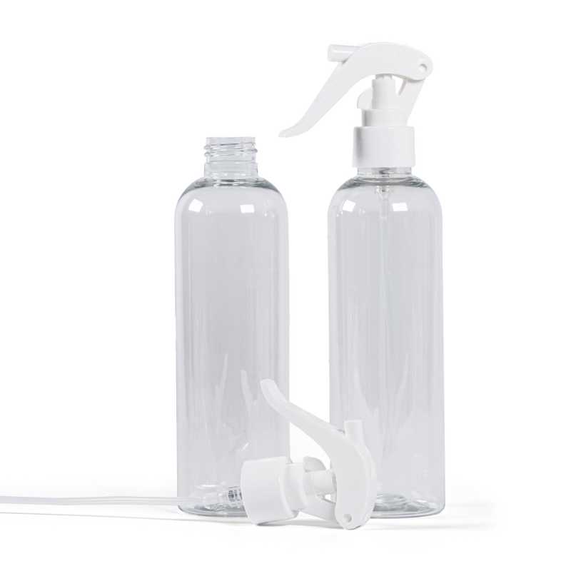 Plastová fľaša, priehľadná, biely pákový rozprašovač, 250 ml