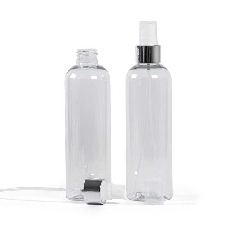 Plastová fľaša priehľadná, biely rozprašovač, strieborná lesklá obruč, 250 ml
