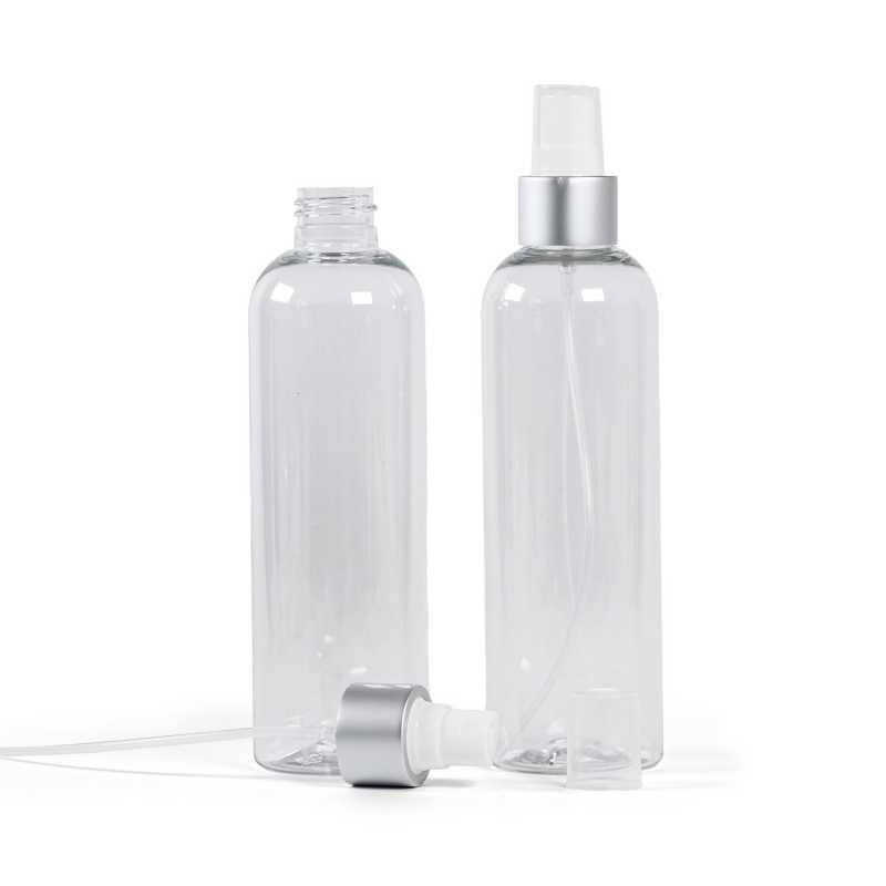 Plastová fľaša priehľadná, biely rozprašovač, strieborná matná obruč, 250 ml