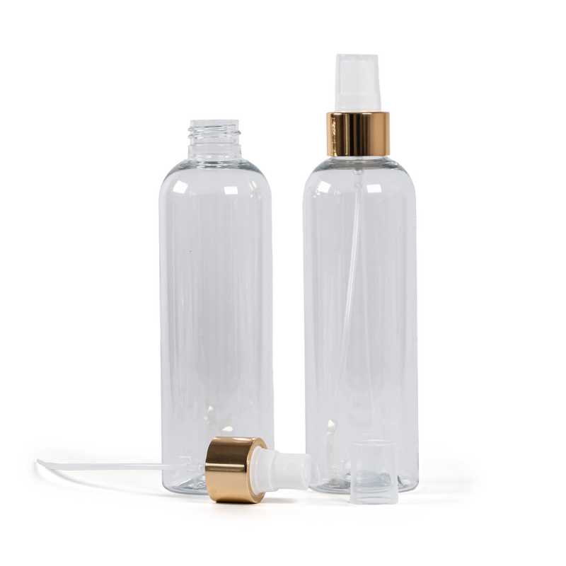 Plastová fľaša priehľadná, biely rozprašovač, zlatá lesklá obruč, 250 ml